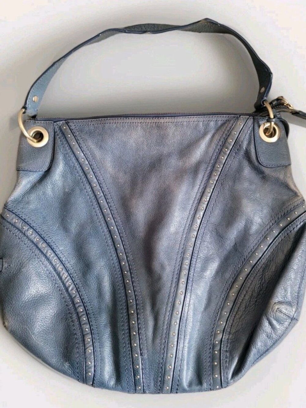 Cole Haan Blue Distressed Studded Leather Hobo Shoulder Bag